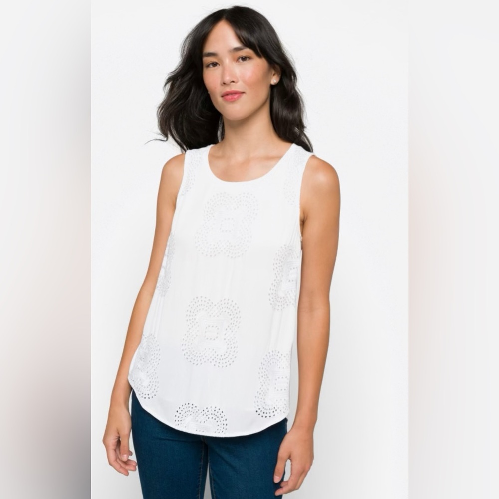 NWT. Daniel Rainn Pale Sky Lovina Embroidered Mixed Material Top